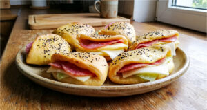 Pocket Sandwiches from Homemade Dough: An Affordable Snack for Work or Trips That Lasts All Day Various homemade pocket sandwiches filled with ham, cheese, and vegetables
