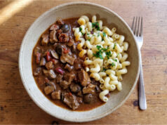 Pork with Mushrooms and Peppers in Sauce: Easy Family Lunch with Pasta Pork with mushrooms and peppers in sauce served with pasta