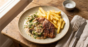 Pork Neck with Mushroom Sauce and Fries: Juicy Lunch Quickly Made in a Pan Pork neck with mushroom sauce and fries served on a plate