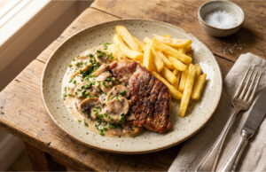 Pork Neck with Mushroom Sauce and Fries: Juicy Lunch Quickly Made in a Pan Pork neck with mushroom sauce and fries served on a plate