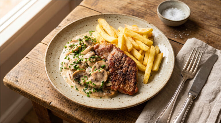 Pork Neck with Mushroom Sauce and Fries: Juicy Lunch Quickly Made in a Pan
