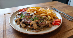 Pork Shoulder with Mushrooms: Juicy Meat with Creamy Sauce and Homemade Fries Pork shoulder with mushrooms, creamy sauce and homemade fries on a plate