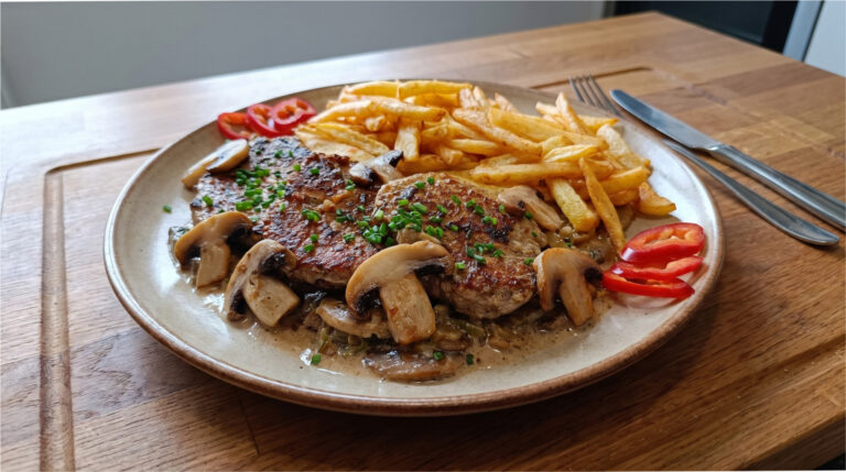 Pork Shoulder with Mushrooms: Juicy Meat with Creamy Sauce and Homemade Fries