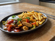 Quick Chicken Stir-Fry with Vegetables: Fast Lunch with Crispy Oven Fries Quick chicken stir-fry with vegetables and crispy oven fries