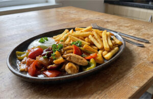 Quick Chicken Stir-Fry with Vegetables: Fast Lunch with Crispy Oven Fries Quick chicken stir-fry with vegetables and crispy oven fries