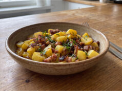 Roasted Potatoes with Bacon: An Easy One-Pan Lunch Roasted potatoes with bacon in a baking dish