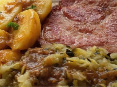 Roasted Smoked Pork Neck with Zucchini Cabbage: A Hearty Sunday Lunch Roasted smoked pork neck with boiled potatoes and zucchini cabbage in Moravian style