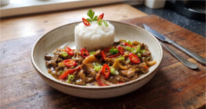 Spicy Beef Strips with Jasmine Rice: A Colorful Lunch Full of Vegetables and Bold Sauce Spicy beef strips with vegetables and jasmine rice served on a plate