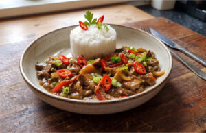Spicy Beef Strips with Jasmine Rice: A Colorful Lunch Full of Vegetables and Bold Sauce Spicy beef strips with vegetables and jasmine rice served on a plate