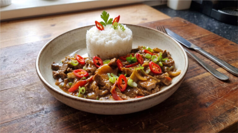 Spicy Beef Strips with Jasmine Rice: A Colorful Lunch Full of Vegetables and Bold Sauce