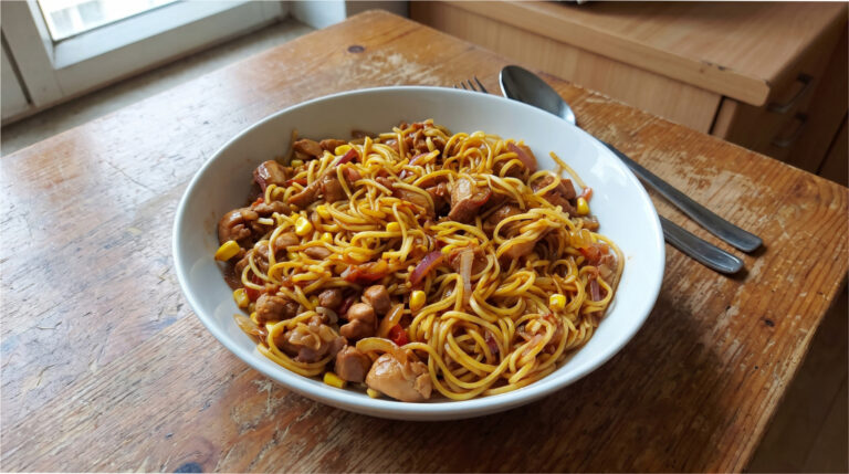 Spicy Noodles with Chicken: Quick Skillet with Sweet and Sour Sauce and Tomatoes