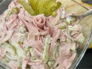 Traditional Homemade Delicacy Salad with Mayonnaise, Ham Sausage, and Vegetables Traditional delicacy salad – easy recipe with mayonnaise, vegetables and sausage