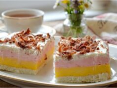 Creamy Tricolor Dessert: Recipe for a Three-Colored Delight with Meringue Base, Double Cream, and Whipped Cream Tricolor slices with vanilla and raspberry cream – festive dessert from egg whites