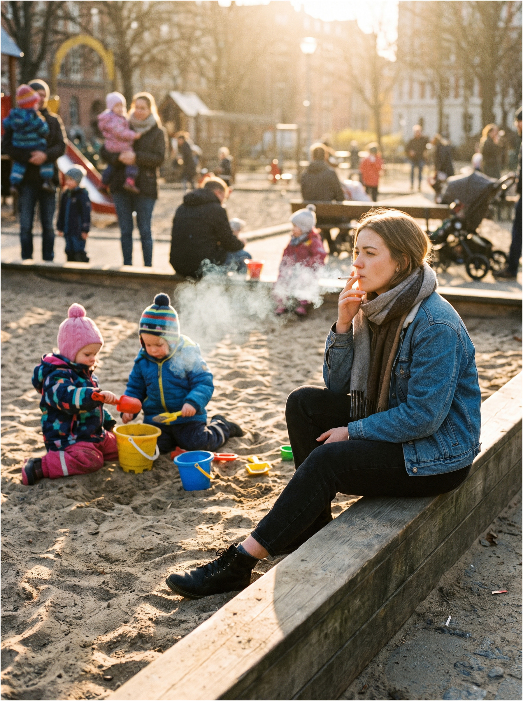 Woman smoking next to children in the sandbox.