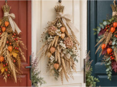 Hang an Autumn Bouquet on Your Door Instead of a Wreath: 20 Beautiful Ideas with Leaves, Rosehips, and Dried Flowers Lush autumn bouquet with orange physalis and hydrangea on a door