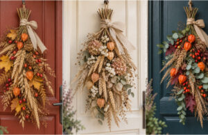 Hang an Autumn Bouquet on Your Door Instead of a Wreath: 20 Beautiful Ideas with Leaves, Rosehips, and Dried Flowers Lush autumn bouquet with orange physalis and hydrangea on a door