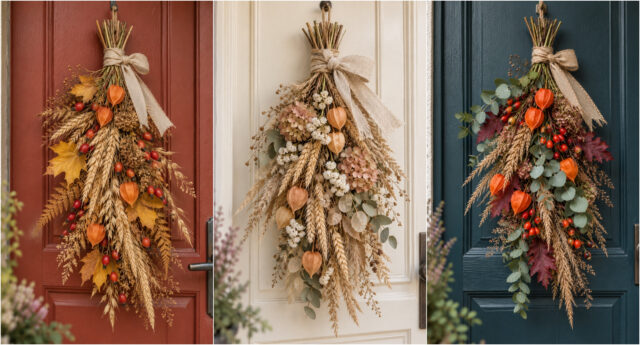 autumn-bouquet-door-physalis-hydrangea-394 Lush autumn bouquet with orange physalis and hydrangea on a door
