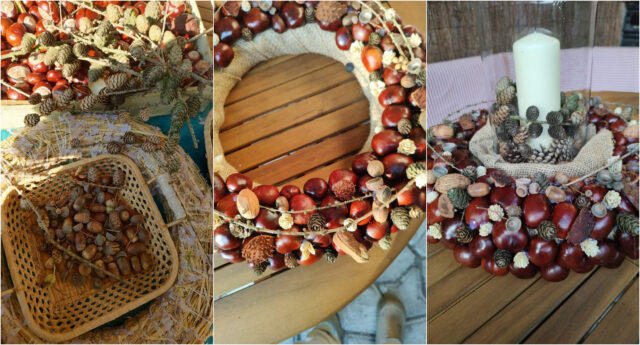 autumn-candle-holder-501 Autumn candle holder made from chestnuts and pine cones