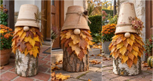 All You Need Is a Log, Leaves and a Flowerpot: Make an Autumn Gnome to Decorate Your Entrance Autumn gnome base made from a log with bark
