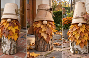All You Need Is a Log, Leaves and a Flowerpot: Make an Autumn Gnome to Decorate Your Entrance Autumn gnome base made from a log with bark
