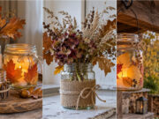 Don’t Throw Away Canning Jars: 20 Autumn Decorations to Cozy Up Your Home Autumn lantern made from a canning jar decorated with leaves and pinecones