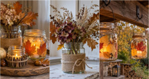 Don’t Throw Away Canning Jars: 20 Autumn Decorations to Cozy Up Your Home Autumn lantern made from a canning jar decorated with leaves and pinecones