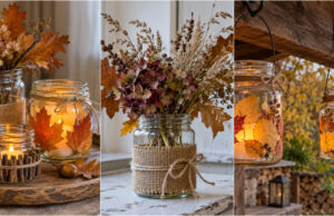 Don’t Throw Away Canning Jars: 20 Autumn Decorations to Cozy Up Your Home Autumn lantern made from a canning jar decorated with leaves and pinecones