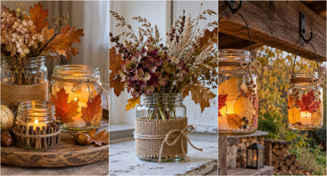 autumn-lantern-canning-jar-leaves-pinecones Autumn lantern made from a canning jar decorated with leaves and pinecones