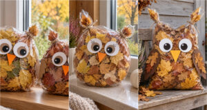 Fill an Ordinary Bag with Leaves: These Autumn Owls Will Decorate Your Entrance and Windowsill Autumn owl made from a transparent bag filled with leaves, with big eyes and beak
