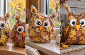 Fill an Ordinary Bag with Leaves: These Autumn Owls Will Decorate Your Entrance and Windowsill Autumn owl made from a transparent bag filled with leaves, with big eyes and beak