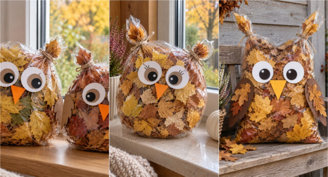 autumn-owl-bag-leaves-entrance-391 Autumn owl made from a transparent bag filled with leaves, with big eyes and beak