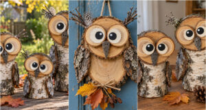 A Piece of Log and a Few Wooden Discs: Make Your Own Autumn Owls with These 20 Ideas Basic birch log owl with wooden discs and autumn leaves
