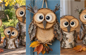 A Piece of Log and a Few Wooden Discs: Make Your Own Autumn Owls with These 20 Ideas Basic birch log owl with wooden discs and autumn leaves