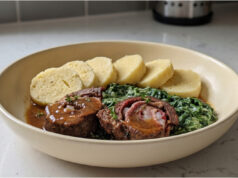 Beef Roulade with Bacon and Smoked Pork Fat: Slowly Braised Classic with Rich Onion Gravy Beef roulade with bacon and smoked pork fat: slowly braised classic with rich onion gravy
