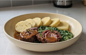 Beef Roulade with Bacon and Smoked Pork Fat: Slowly Braised Classic with Rich Onion Gravy Beef roulade with bacon and smoked pork fat: slowly braised classic with rich onion gravy