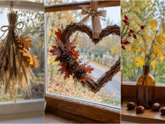 Windows Don’t Have to Stay Bare in Autumn: 20 Ideas for Decorating with Leaves, Chestnuts, and Pine Cones Branch with colorful autumn leaves hanging above a window