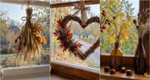 Windows Don’t Have to Stay Bare in Autumn: 20 Ideas for Decorating with Leaves, Chestnuts, and Pine Cones Branch with colorful autumn leaves hanging above a window