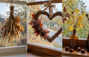 Windows Don’t Have to Stay Bare in Autumn: 20 Ideas for Decorating with Leaves, Chestnuts, and Pine Cones Branch with colorful autumn leaves hanging above a window