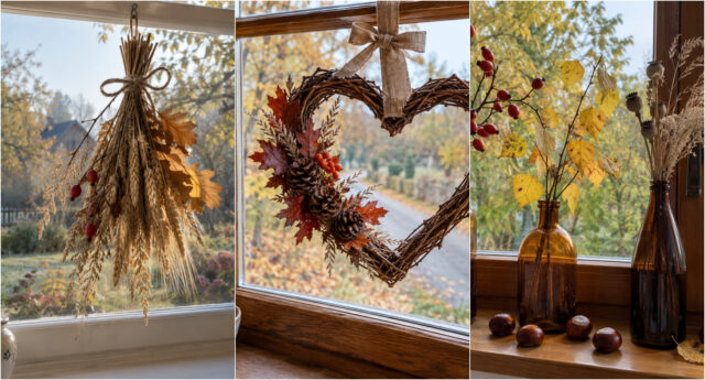 branch-colorful-leaves-window Branch with colorful autumn leaves hanging above a window