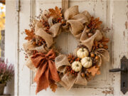 A Piece of Burlap and a Few Naturals: 20 Autumn Wreaths to Beautify Your Door Wreath with mini pumpkins and autumn leaves on a burlap base