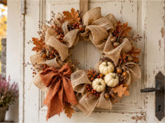 A Piece of Burlap and a Few Naturals: 20 Autumn Wreaths to Beautify Your Door Wreath with mini pumpkins and autumn leaves on a burlap base