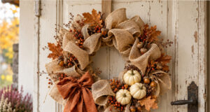 A Piece of Burlap and a Few Naturals: 20 Autumn Wreaths to Beautify Your Door Wreath with mini pumpkins and autumn leaves on a burlap base