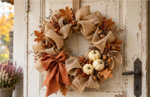 A Piece of Burlap and a Few Naturals: 20 Autumn Wreaths to Beautify Your Door Wreath with mini pumpkins and autumn leaves on a burlap base