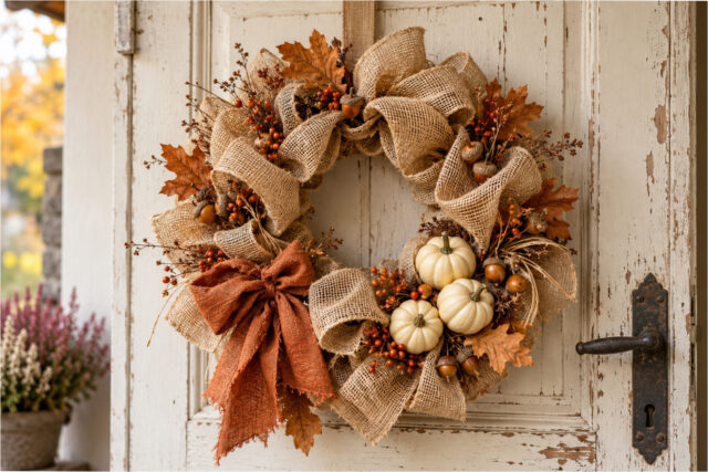 burlap-autumn-wreath-mini-pumpkins-355 Wreath with mini pumpkins and autumn leaves on a burlap base