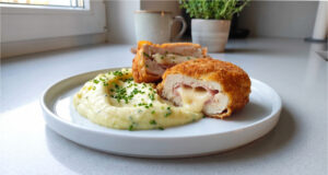 Chicken Cordon Bleu: Juicy Meat with Ham, Emmental and a Crispy Crust Chicken Cordon Bleu served with fries and salad