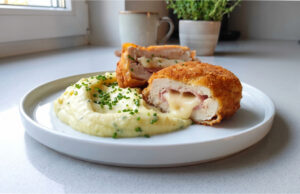 Chicken Cordon Bleu: Juicy Meat with Ham, Emmental and a Crispy Crust Chicken Cordon Bleu served with fries and salad