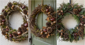 Collect Twigs, Pine Cones, Acorns and Chestnuts: 20 Autumn Wreaths to Decorate Your Door Lush autumn wreath made of twigs, pine cones, acorns and chestnuts