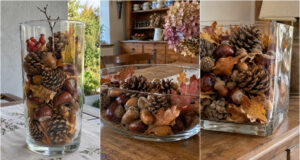 Autumn Decorations for the Lazy: 20 Ideas Using Just a Glass Jar and Forest Treasures Large glass jar filled with pine cones, chestnuts, acorns, and leaves, tied with jute twine