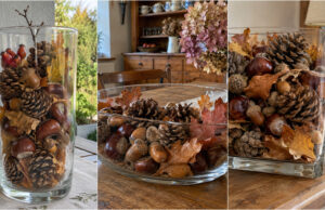 Autumn Decorations for the Lazy: 20 Ideas Using Just a Glass Jar and Forest Treasures Large glass jar filled with pine cones, chestnuts, acorns, and leaves, tied with jute twine