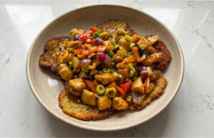 Devil’s Chicken Mix on Potato Pancakes: Spicy Pub Classic from One Pan Devil's chicken mix served on potato pancakes